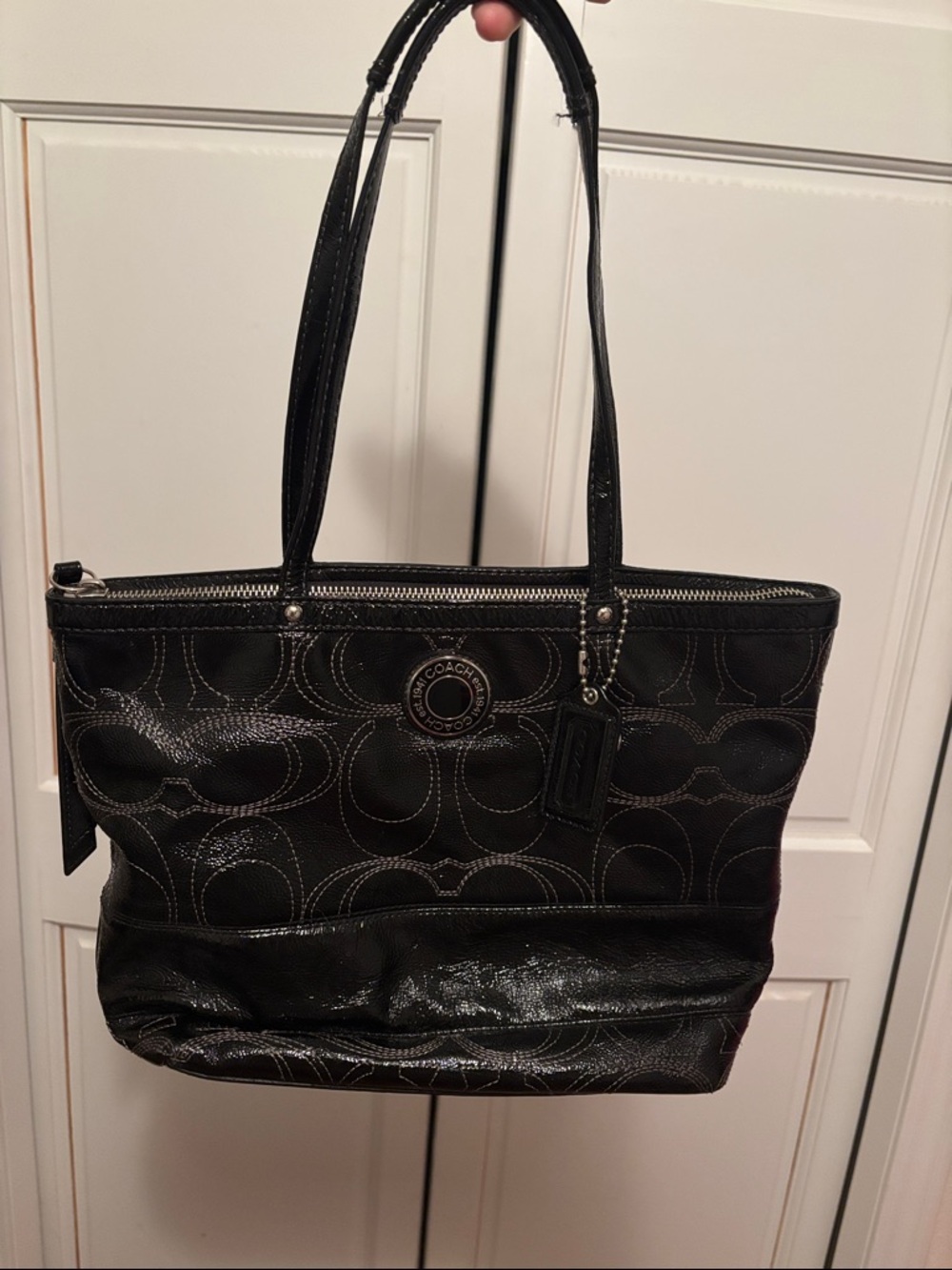 Coach F19198 Signature Stitch Black Patent Leather Medium Tote Shoulder Bag
